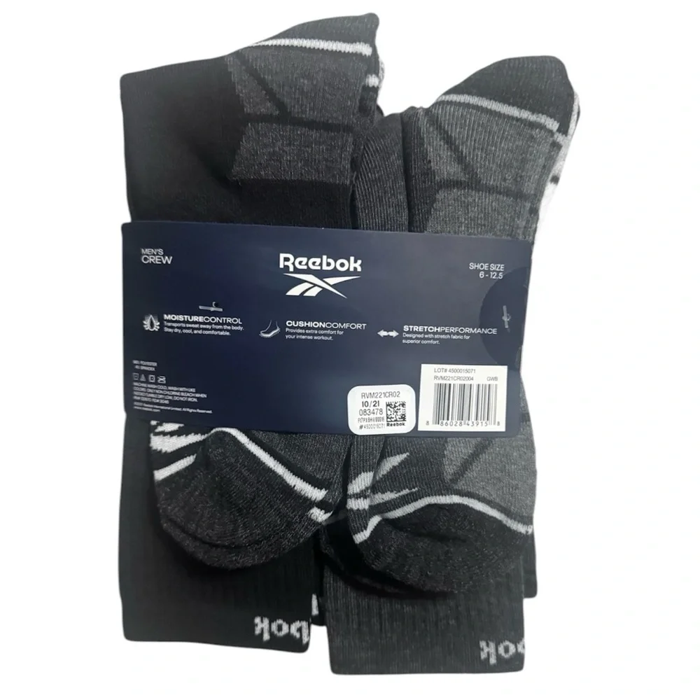Reebok High Crew Socks - 5Pk Blk, Gray, White Performance Training Size 6-12